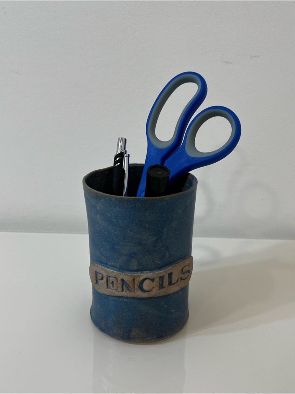 Blue Pottery Pencil Holder Signed